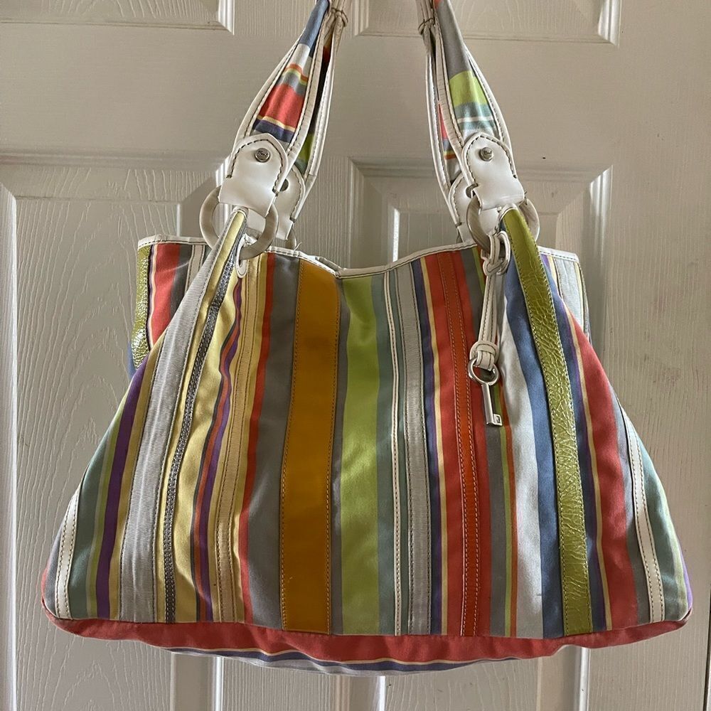 Fossil Multi color canvas and patent leather double straps large shoulder bag.